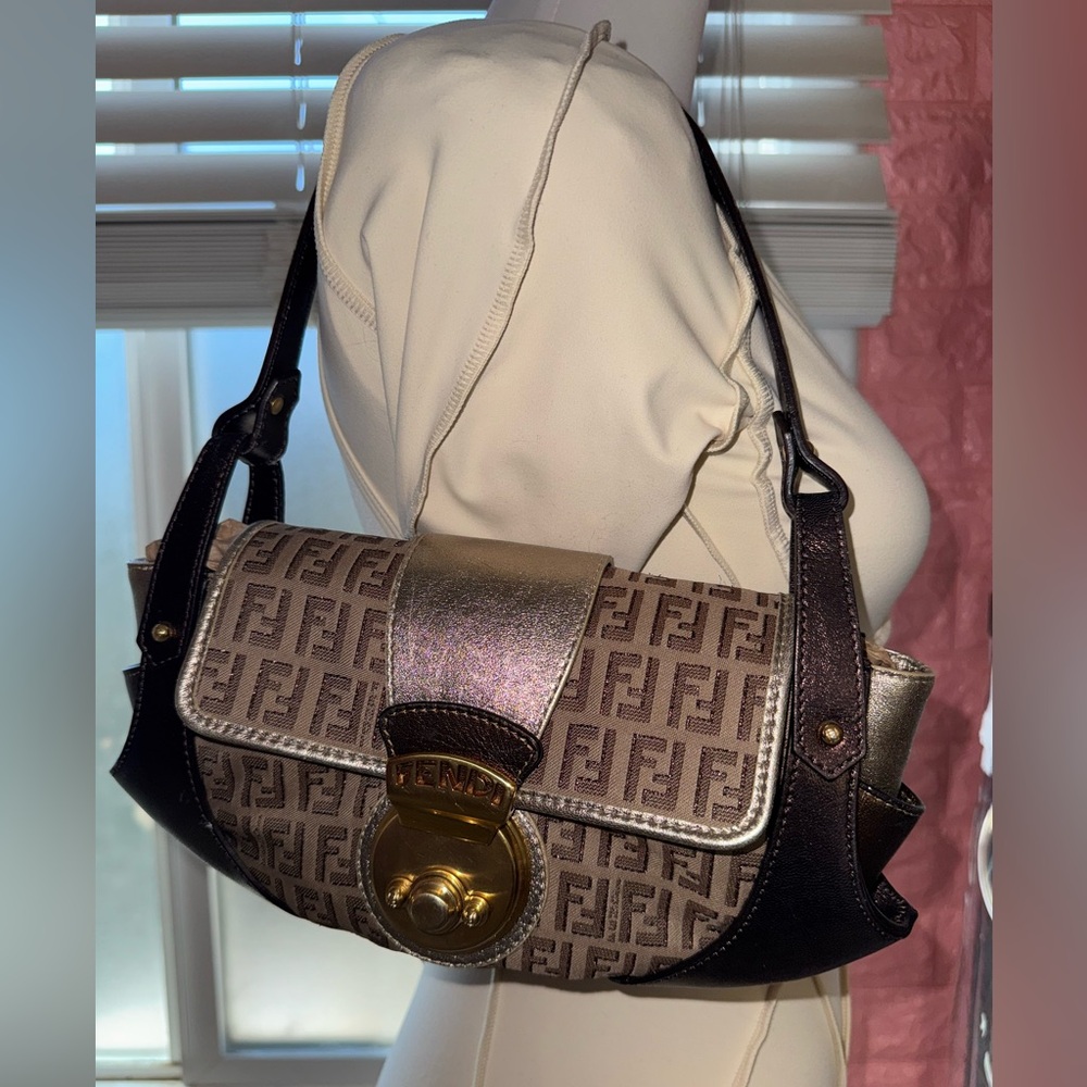 Fendi Brown and Gold Borsa Tuc Shoulder Bag
